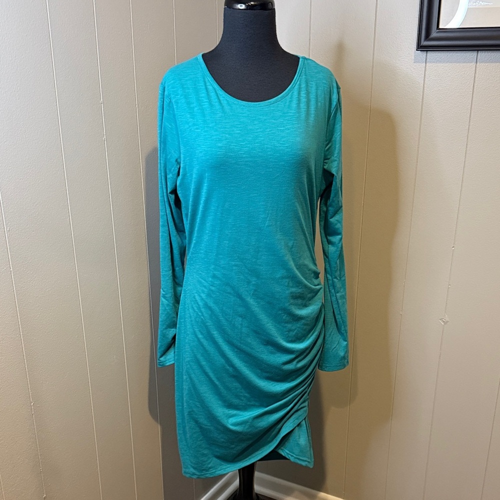 B15 Women’s Large Teal Long Sleeve Asymmetrical Ruched Dress